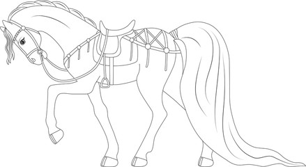 Obraz na płótnie Canvas beautiful thoroughbred horse in harness, coloring page