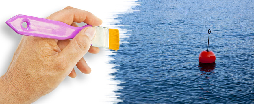 Hand deawing a red bouy on a calm lake - concept image with copy space