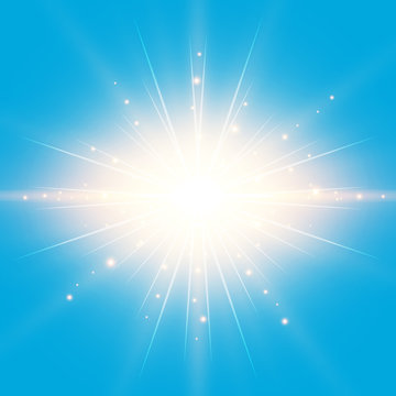 The sun in the blue sky background with lighting effect Vector