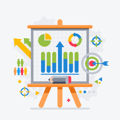 Target analytics charts on the board presentations. Flat design modern vector illustration.