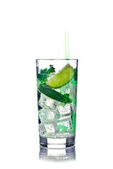 Mojito cocktail with lime and ice in a glass on a white background for isolation