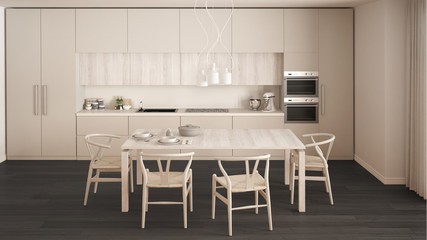 Fototapeta na wymiar Modern minimal white kitchen with wooden floor, classic interior design
