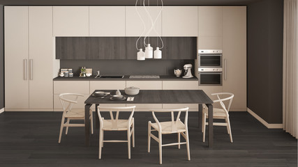 Modern minimal white kitchen with wooden floor, classic interior design