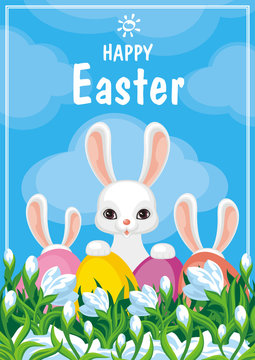 Easter card with a picture of snowdrops and white rabbits. Vector spring background.