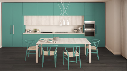 Modern minimal turquoise kitchen with wooden floor, classic interior design