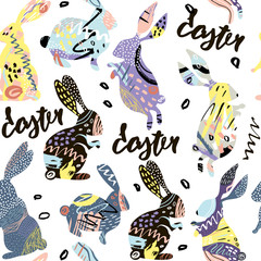 Seamless pattern with Easter rabbits,bunny. Creative texture with rabbits made with hand drawn textures. Vector Illustration
