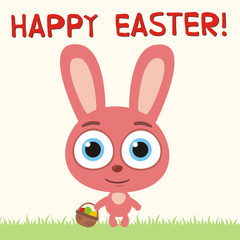 Happy Easter! Cute pink bunny rabbit with basket egg. Easter card with bunny rabbit in cartoon style.