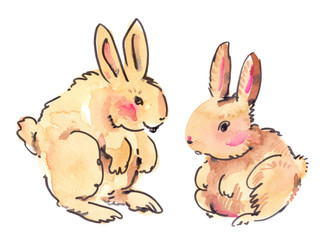 Two cute brown cartoon bunnies painted in watercolor on clean white background
