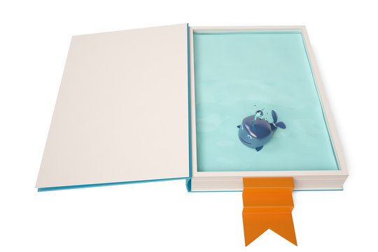 A cartoon whale in the book,3D illustration.