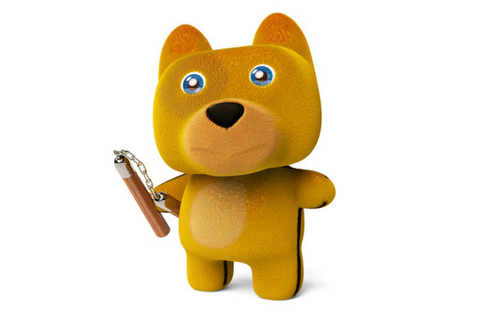 Cartoon Puppy With Nunchaku,Kung Fu Dog,3D Rendering.