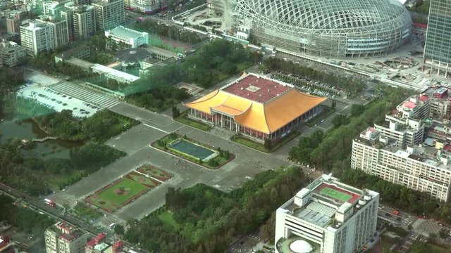 Aerial view of National Sun Yat-sen Memorial Hall in Taipei, Taiwan. The Memorial Hall is dedicated to Dr Sun Yat Sen, regarded as the revolutionary founding father of People&rsquo;s Republic of China. 4K