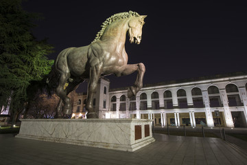 Leonardo's horse bronze statue, at the Hippodrome (horse-racing course) in Milan. Night view.