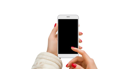 Isolated modern phone with black screen in female hands on white background.