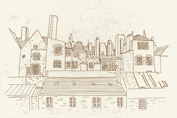 Obraz premium Hand drawn ink line sketch of european cityscape. Retro style.