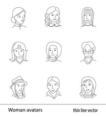 Women avatar set thin line vector