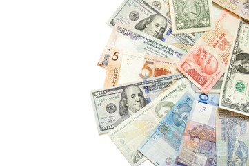 Paper money of different countries isolated on white background