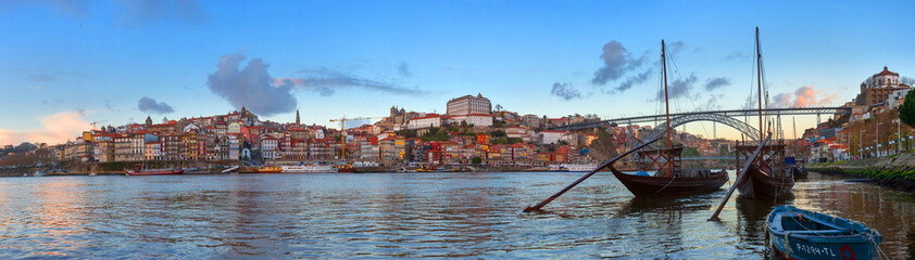 Panorama of old town Porto, Portugal. Douro river and the Dom Luis Bridge.