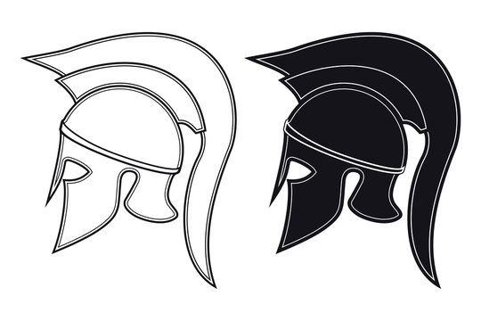 Black and White Vector Illustration of a Side Silhouette on Ancient Greek Warrior Helmet. Spartan Helmet. Roman Helmet