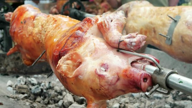 whole roasted pig on spit, harmful fatty food, street food, fat dripping from meat, street food festival, carcasses of animals prepared on charcoal, fatty roasted meat, grilled pork