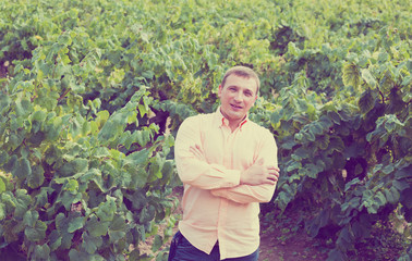 farmer near grapes in vineyard .