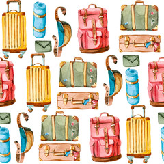 Watercolor illustration. hand drawn seamless pattern of suitcase, rucksack, purse, bag and valise. travelling baggage