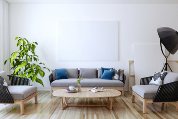 White canvas on the wall in the living room. 3D render.