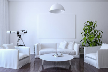 White canvas on the wall in the living room. 3D render.