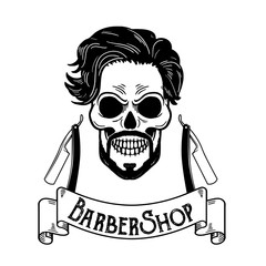 Vector Barbershop emblem, barbershop logo or badge for barber shop signboard, posters Skull with blades and hipster beard and haircut