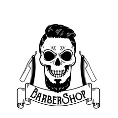 Vector Barbershop emblem, barbershop logo or badge for barber shop signboard, posters Skull with blades and hipster beard and haircut