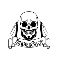 Vector Barbershop emblem, barbershop logo or badge for barber shop signboard, posters Skull with blades and hipster beard and haircut