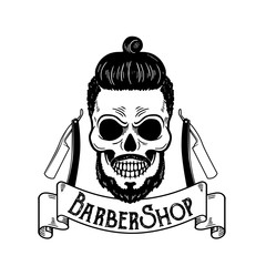 Vector Barbershop emblem, barbershop logo or badge for barber shop signboard, posters Skull with blades and hipster beard and haircut