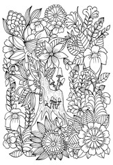 Mushrooms on a stub-tree. Wildflowers  in the forest. Page for coloring book