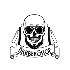 Vector Barbershop emblem, barbershop logo or badge for barber shop signboard, posters Skull with blades and hipster beard and haircut