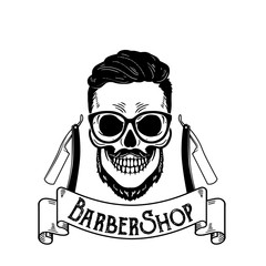 Vector Barbershop emblem, barbershop logo or badge for barber shop signboard, posters Skull with blades and hipster beard and haircut