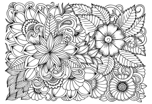 Black and white flower pattern for coloring. Doodle floral drawing. Art therapy coloring page. Relaxing for all ages. For adults and kids