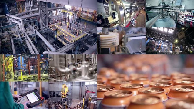 Pop and soda industrial production line. Multiple screens. 4K.