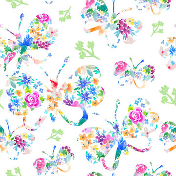 Watercolor seamless pattern with colorful butterflies. Good for 