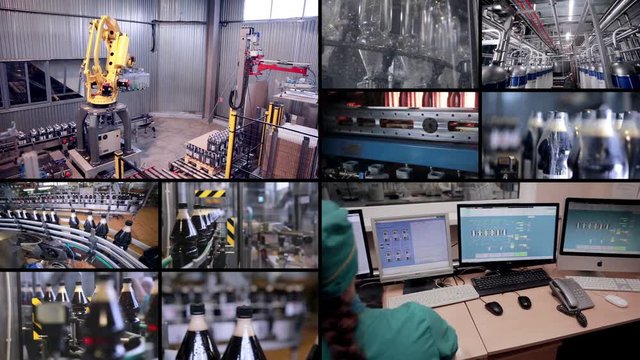Multiple screens. Carbonated drinks industrial production line. 4K