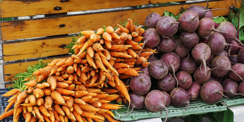 carrots and beet at a local farmers market. Vegetables in street market