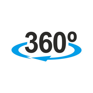 Icono plano 360 gris con flecha azul en fondo blanco