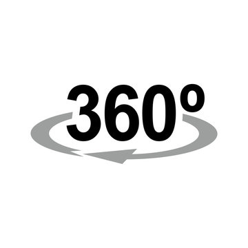 Icono plano 360 negro con flecha gris en fondo blanco