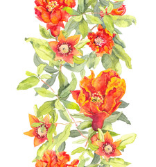 Pomegranate red flowers. Seamless floral border. Watercolor