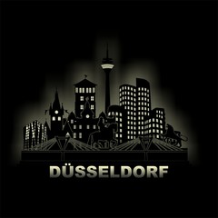 Obraz premium Düsseldorf bei Nacht Skyline Schattenriss Denkmäler Kultur Sehenwürdigkeiten nachts Stadtreise Schattenriss Wandtatoo Vektor 