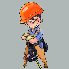 cartoon man in helmet and working clothes with tools standing with crossed arms