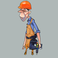 cartoon sad man in helmet and working clothes with tools