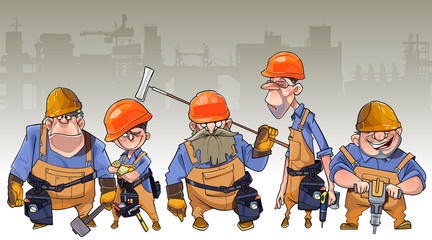 cartoon team of men in helmets and clothing workers-builders
