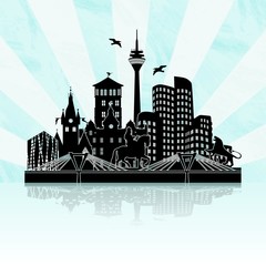 Fototapeta premium Düsseldorf im Winter - Stadtansicht Stadtlandschaft als Panorama Skyline Umriss Wandtatoo Tatoo - blau weiß schwarz