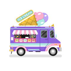 Flat design vector illustration of ice cream car. Mobile retro vintage shop truck icon with signboard with big ice cream cone. Side view, isolated on white background.