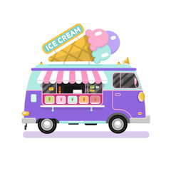 Flat design vector illustration of ice cream car. Mobile retro vintage shop truck icon with signboard with big ice cream cone. Side view, isolated on white background.