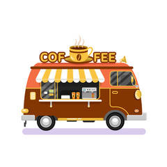Flat design vector illustration of brown coffee van. Mobile retro vintage shop truck icon with signboard with big cup of coffee. Side view, isolated on white background. Hot drinks on wheels concept.